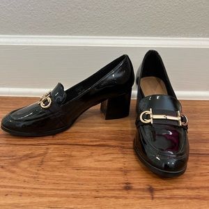 ASOS black patent heeled loafer